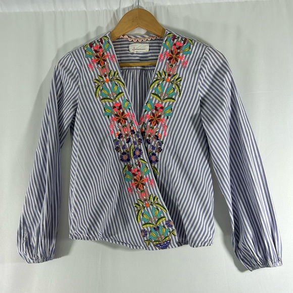 Anthropologie V Neck Wrap Look Long Sleeve Blouse XS Beautiful Embroidery - Picture 1 of 11